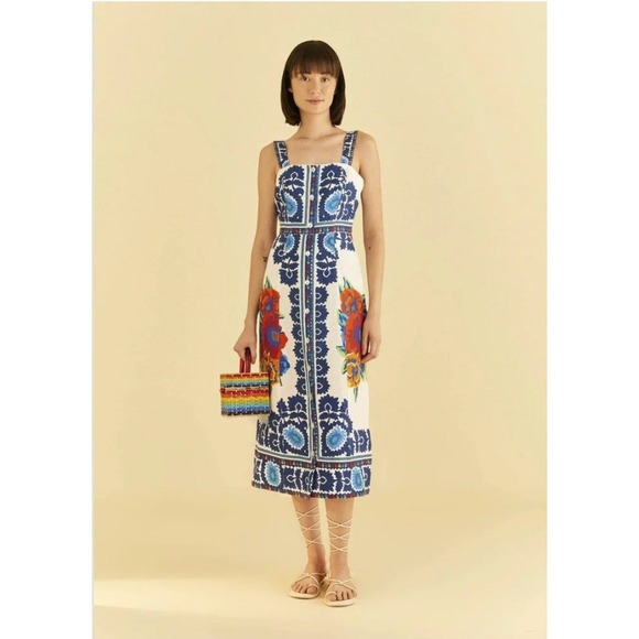 FARM Rio Dresses & Skirts - Farm Rio Flower Tapestry Off-White Midi Dress Blue Floral Button Front NWT M
